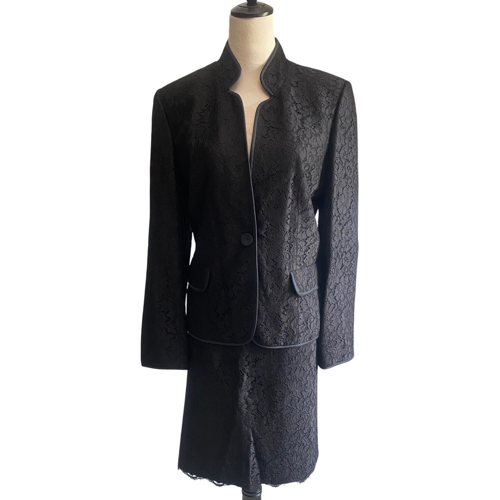 Ellen Tracy Womens Black Floral Lace Skirt Suit Mandarin‎ Collar Blazer Set 14
